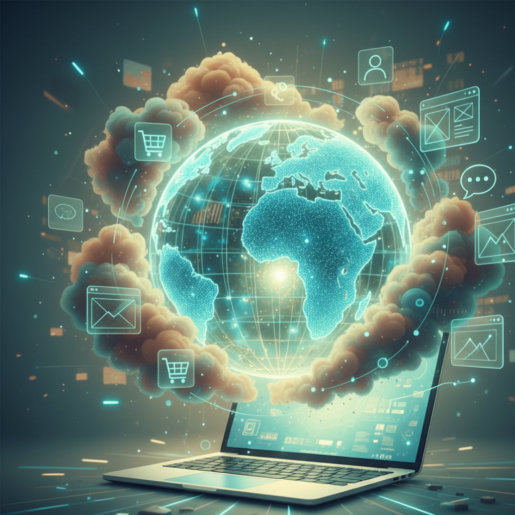 Ideas coming out of a computer with bright blue on a dark background